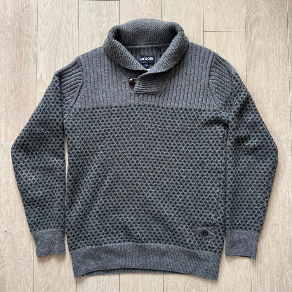 BARBOUR Windale Men’s Chunky Knit Wool Sweater Small Gray Shawl Collar Jacquard